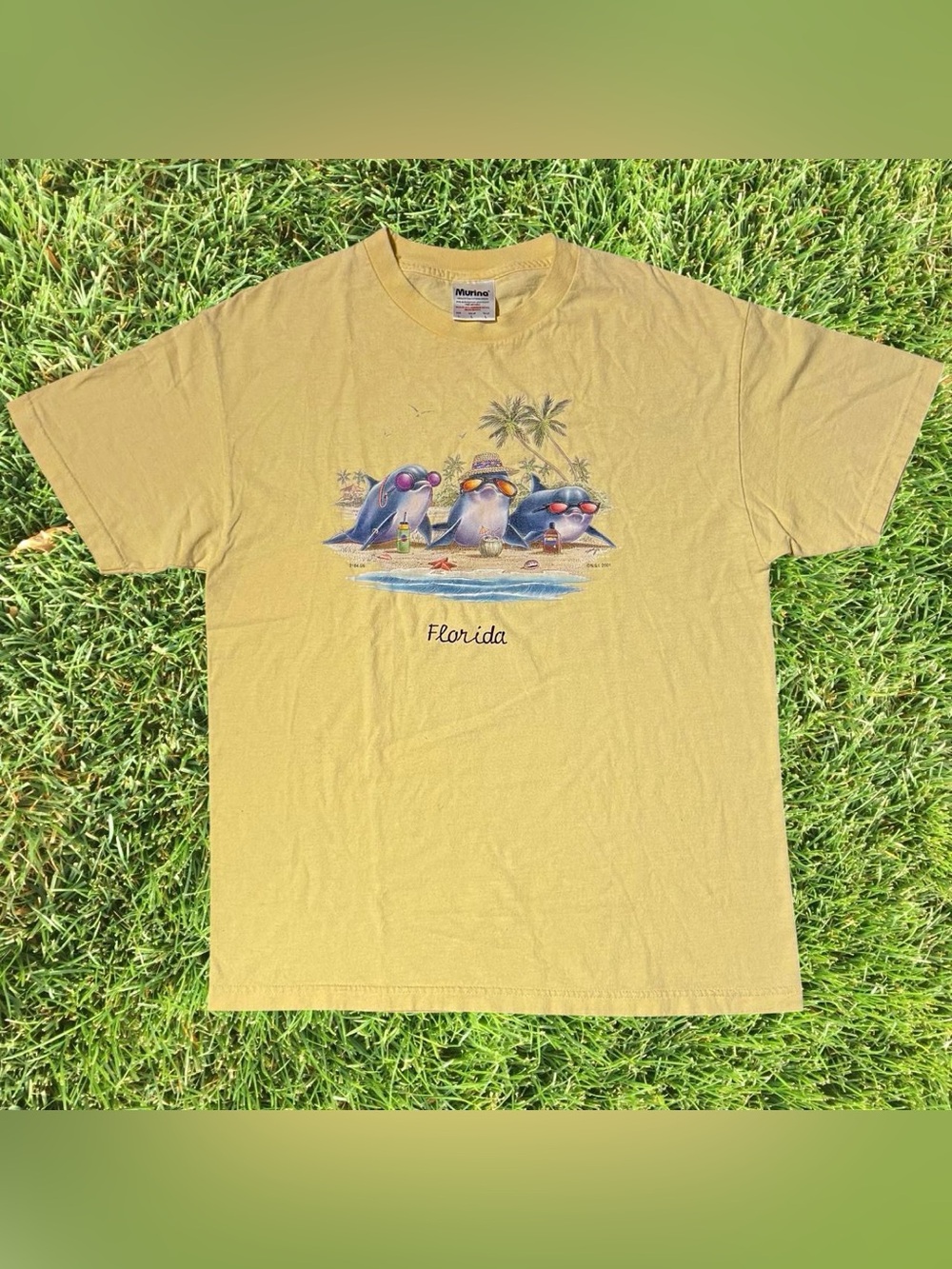 VINTAGE 2001 DOLPHIN FLORIDA YELLOW VACATION TEE LARGE